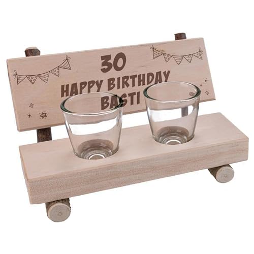 Unikatolo Schnapsbank Happy Birthday mit Name + Zahl graviert, personalisiertes Geschenk zum runden Geburtstag, für Männer und Frauen, kleine Holzbank mit 2 Schnapsgläsern von Unikatolo