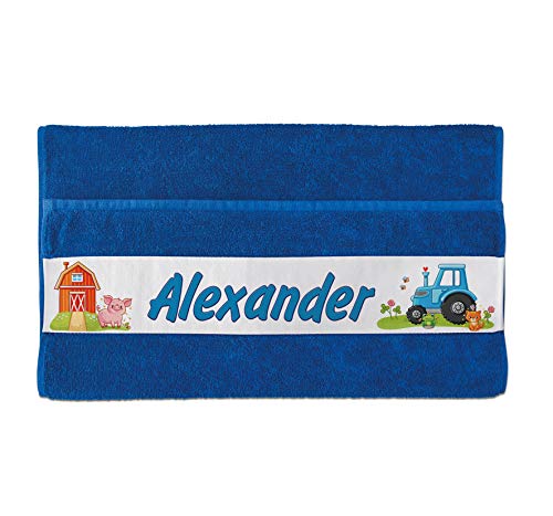 Unikatolo Strandtuch mit Name auf BORDÜRE | Traktor blau, Badetuch, Kinderhandtuch Bauernhof, Landwirt Kindergarten Kita Geschenk Jungs (70 x 140 cm) von Unikatolo