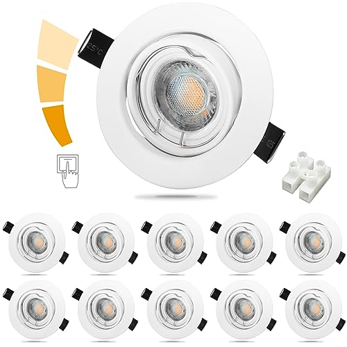 Unikcst 10er Set LED Einbaustrahler 3-Stufe Dimmbar Einbauleuchten Flach 6W Rund Weiß Warmweiß Deckenspots 230V Schwenkbar Mini LED Spots für Küche Wohnzimmer von Unikcst