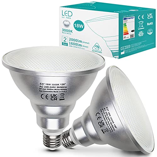 Unikcst 2er 18W LED Lampen E27 Par38 Warmweiß 3000K Reflektor Leuchtmittel Flood Strahler, Ersetzt Halogenlampe 180W, 120 Grad Abstrahlwinkel,Nicht Dimmbar von Unikcst