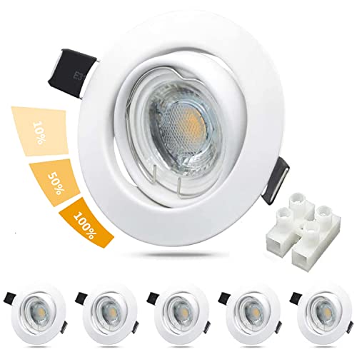 Unikcst 6er LED Einbaustrahler 230V Dimmbar 3-fach, LED Spot 28mm Flach und 30° Schwenkbar, Deckenspots Weiß Rund für 68-80mm Lochmass, Einbauleuchten inkl.6x 6W 500lm Warmweiß Modul Leuchtmittel von Unikcst