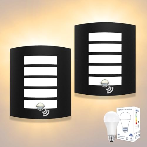 Unikcst Außenlampe mit Bewegungsmelder 2er Set E27 Wandlampe IP44 Eckig Aussenlampe Wand Schwarz Matt Edelstahl ABS Wandleuchten für Hauswand Balkon inkl.2 x 12W Warmweiß LED Leuchtmittel von Unikcst
