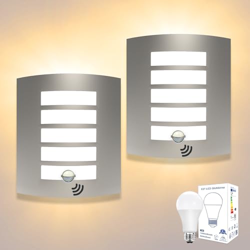 Unikcst 2er Set Außenlampe mit Bewegungsmelder E27 Aussenlampe Mit Bewegungsmelder IP44 Wandleuchte Aussen Edelstahl ABS für Hauswand Balkon Außenleuchte inkl.2 x 12W Warmweiß LED Leuchtmittel von Unikcst