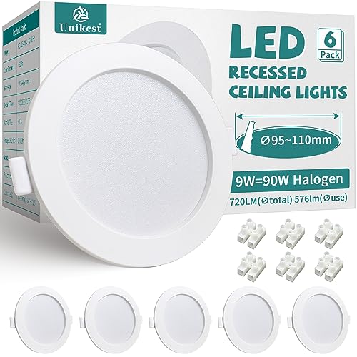 Unikcst 6er Einbaustrahler LED Flach 9W LED Spots 230V 95-110mm EinbauØ Einbauleuchten Neutralweiß 720LM Weiß Rund Spots Deckenleuchte für Wohnzimmer Küche Schlafzimmer von Unikcst