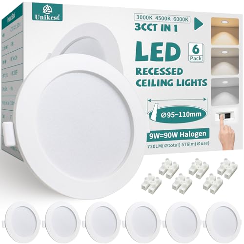 Unikcst 6er LED Einbaustrahler 230V 9W Deckenspots 3CCT Warmweiß Neutralweiß Kaltweiß 95-110mm EinbauØ LED Spot Weiß Rund 720LM Einbauleuchten für Küche von Unikcst