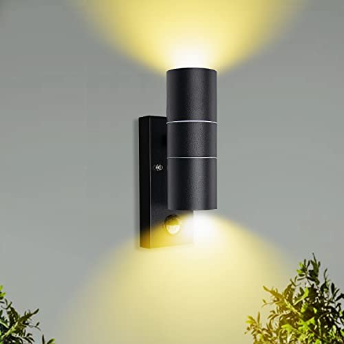 Unikcst Aussenlampe mit Bewegungsmelder LED Anthrazit IP44 Modern Eingang Außenleuchte Wand Schwarz Up Down GU10 Wandlampe 230V inkl.2x 5W Warmweiß Leuchtmittel, 1 Stück von Unikcst