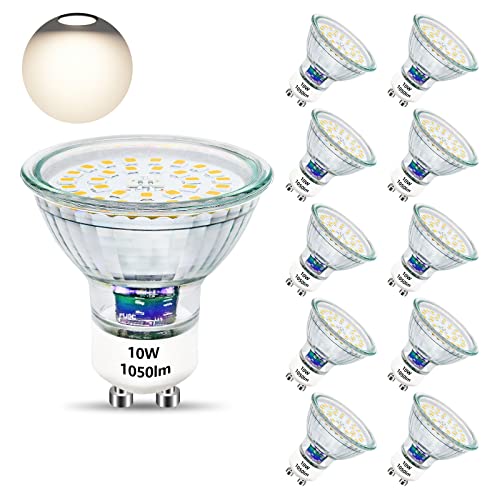 Unikcst GU10 LED 10W Glühbirnen Ersetzt 100W Halogen Leuchtmittel 4500K Base Glas 1050LM Hell LED Lampe 230V Abstrahwinkel 120° LED Spot, Nicht Dimmbar 10 Stück von Unikcst