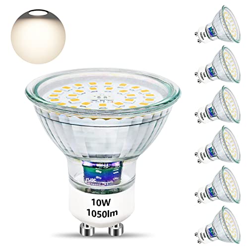 Unikcst GU10 LED 10W Glühbirnen Ersetzt 100W Halogen Leuchtmittel 4500K Base Glas 1050LM Hell LED Lampe 230V Abstrahwinkel 120° LED Spot, Nicht Dimmbar 6 Stück von Unikcst