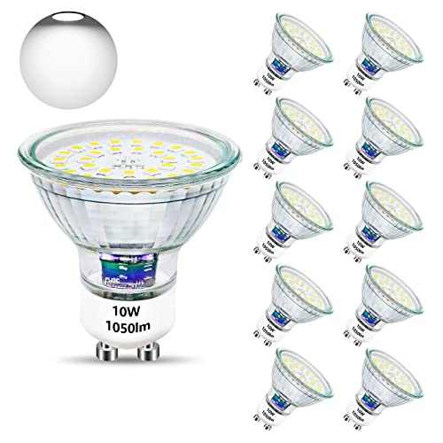 Unikcst GU10 LED 10W Leuchtmittel Ersetzt 100W Halogen Leuchtmittel 6000K Base Glas 1050LM Hell LED Lampe 230V Abstrahwinkel 120° LED Spot, Nicht Dimmbar 10 Stück von Unikcst