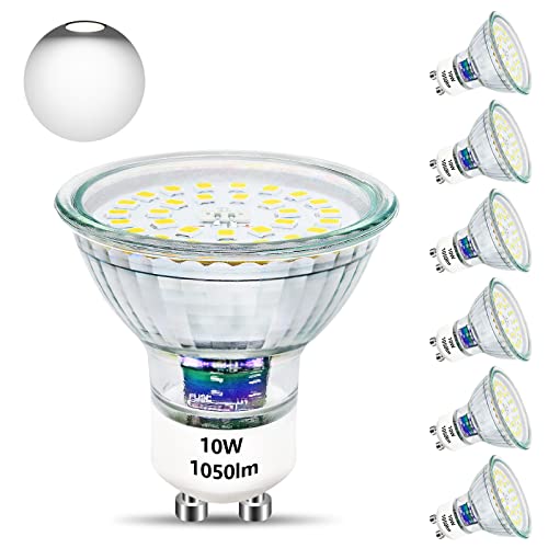 Unikcst GU10 LED 10W Leuchtmittel Ersetzt 100W Halogen Leuchtmittel 6000K Base Glas 1050LM Hell LED Lampe 230V Abstrahwinkel 120° LED Spot, Nicht Dimmbar 6 Stück von Unikcst