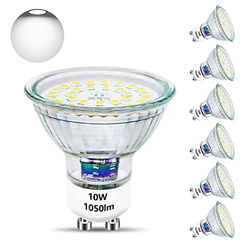 Unikcst GU10 LED 10W Leuchtmittel Ersetzt 100W Halogen Leuchtmittel 6000K Base Glas 1050LM Hell LED Lampe 230V Abstrahwinkel 120° Spot, Nicht Dimmbar 6 Stück von Unikcst