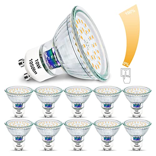 Unikcst GU10 LED Warmweiss 10W Dimmbar Glühbirnen Ersetzt 100W Halogen Leuchtmittel Hell 1050Lumen 3000K LED Spot 230V Flimmerfrei Strahler, 10 Stück von Unikcst