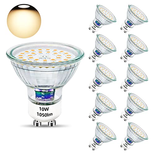 Unikcst GU10 LED Warmweiss 10W Glühbirnen Ersetzt 100W Halogen Leuchtmittel 3000K Base Glas 1050LM Hell LED Lampe 230V Abstrahwinkel 120° Spot, Nicht Dimmbar 10 Stück von Unikcst