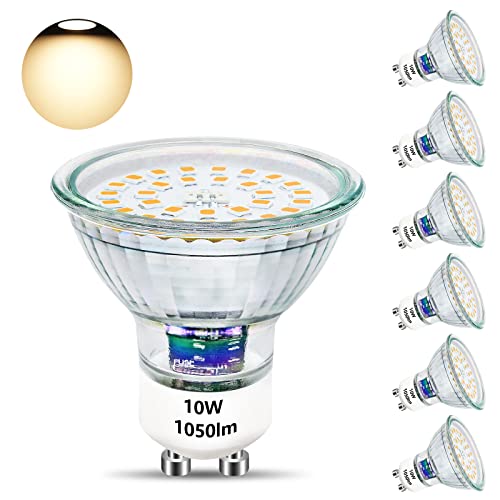 Unikcst GU10 LED Warmweiss 10W Glühbirnen Ersetzt 100W Halogen Leuchtmittel 3000K Base Glas 1050LM Hell LED Lampe 230V Abstrahwinkel 120° LED Spot, Nicht Dimmbar 6 Stück von Unikcst