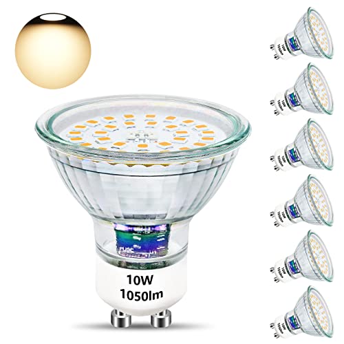 Unikcst GU10 LED Warmweiss 10W Glühbirnen Ersetzt 100W Halogen Leuchtmittel 3000K Base Glas 1050LM Hell LED Lampe 230V Abstrahwinkel 120° Spot, Nicht Dimmbar 6 Stück von Unikcst