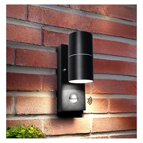 Unikcst LED Aussenlampe Bewegungsmelder Schwarz Matt Modern Aussenleuchte IP44 Wasserdicht Wandleuchte 230V,inkl.1x 5W Kaltesweiß GU10 6000K Leuchtmittel, 1 Stück von Unikcst