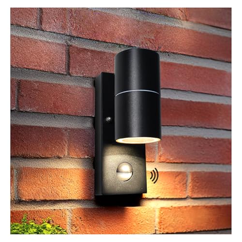 Unikcst LED Aussenleuchte mit Bewegungsmelder GU10 Aussenlampe Schwarz Matt IP44 Modern Wandlampe Aussen 230V inkl.1x 5W GU10 Warmweiß 3000K Leuchtmittel, 1 Stück von Unikcst