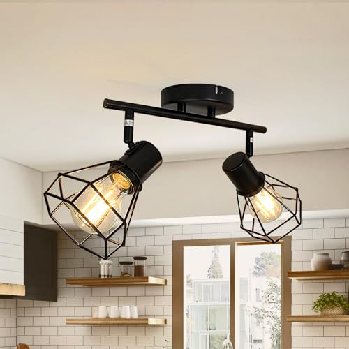 Unikcst LED Deckenleuchte E27 2 Flammig Vintage Wandlampe Innen Schwenkbar 350° Deckenlampe Wohnzimmer mit Lochmuster-Schirm Metall Schwarz Deckenstrahler Für Küche Wohnzimmer Ohne Leuchtmittel von Unikcst