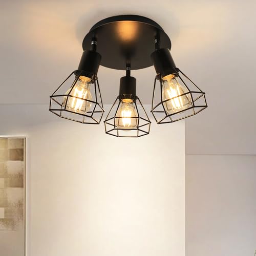 Unikcst LED Deckenstrahler 3 Flammig Schwarz E27 Deckenlampe LED Schwenkbar 350° Vintage Metall Deckenleuchte Wandlampen Wohnzimmerlampe Küchenlampe Deckenspots für Wohnungen Gewerbe Ohne Leuchtmittel von Unikcst