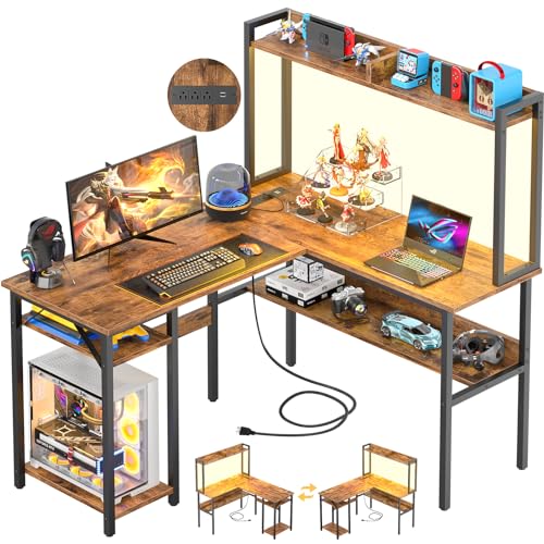 Unikito L-förmiger Gaming-Schreibtisch mit LED-Streifen und Steckdosen, wendbarer L-förmiger Computertisch mit Ablagen, Eckschreibtisch mit Stall, 2 Personen, Heimbüro-Schreibtisch, rustikales Braun von Unikito