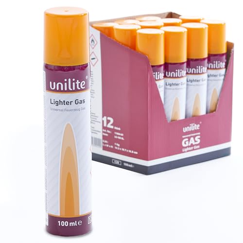 UNILITE 12, 8 oder 4 x Feuerzeuggas 100 ml Kartusche zum nachfüllen für Feuerzeuge, Flambierbrenner, Sturmfeuerzeug, Stabfeuerzeug & Co. – mit 5 x Adapter – Feuerzeug-Gas – Nachfüllgas (12) von Unilite