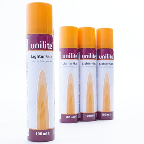 UNILITE 12, 8 oder 4 x Feuerzeuggas 100 ml Kartusche zum nachfüllen für Feuerzeuge, Flambierbrenner, Sturmfeuerzeug, Stabfeuerzeug & Co. – mit 5 x Adapter – Feuerzeug-Gas – Nachfüllgas (4) von Unilite