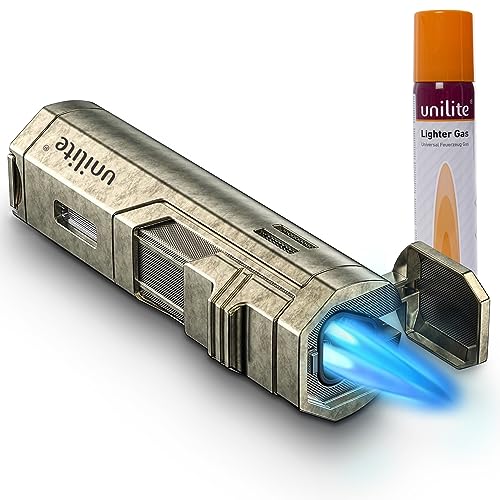 UNILITE Feuerzeug mit Gas befüllt – Sturmfeuerzeug mit Jetflame – Mit 100 ml Butan Gas im Set – Elektronisches Gasfeuerzeug befüllt & nachfüllbar –Jetflamme – Premium Feuerzeug (Bronze) von Unilite