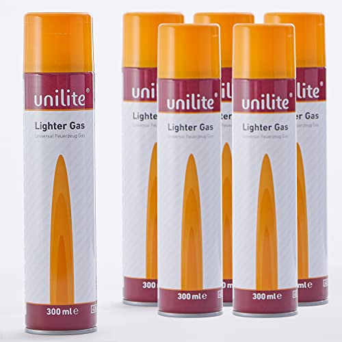 UNILITE Feuerzeuggas zum Nachfüllen von Gasfeuerzeug, Küchenbrenner, Flammbierer, Stabfeuerzeug, Sturmfeuerzeug & Co. – 6 x 300 ml Gaskartusche mit je 6 x Adapter – Lighter Gas – Nachfüllgas Feuerzeug von Unilite