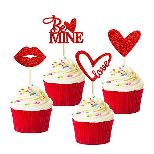 Unimall Global 24 Stück Red Glitzer Valentinstag Cupcake Topper Liebe Herz Kuss Cupcake Topper Picks für Valentinstag Liebhaber Party Jubiläum Party Hochzeit Dekoration Zubehör von Unimall Global