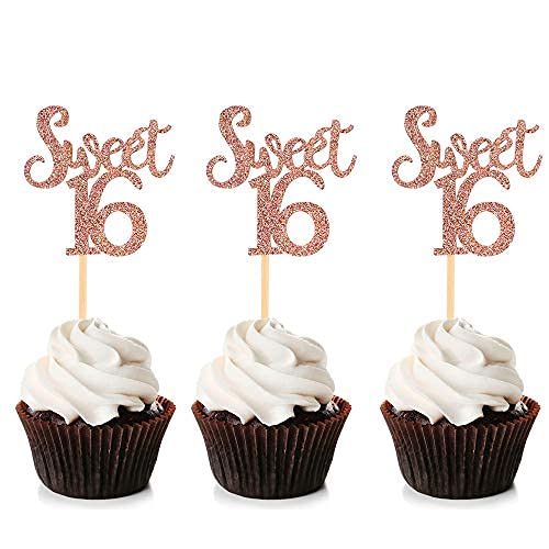 Unimall Global 24 Stück Rose Gold Glitter Sweet 16 Cupcake Topper 16 Geburtstagstorte Topper Decor Picks für Kinder Mädchen Geburtstag Party Jubiläum Party Dekoration Zubehör von Unimall Global