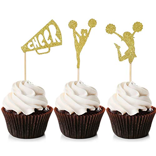 Unimall Global 24 Stück Cheerleader Cupcake Topper Gold Glitter Cheerleading Cupcake Picks Geburtstagsfeier Kuchen Dekore von Unimall Global