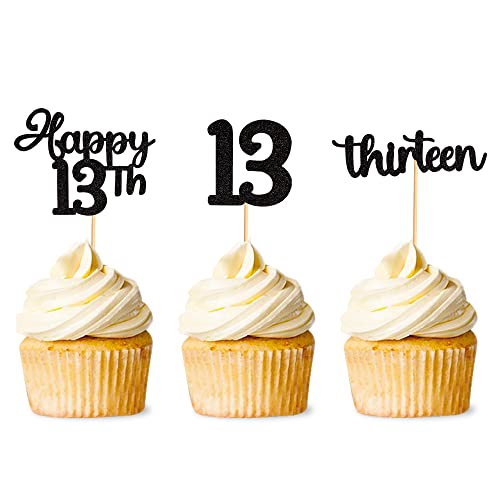 Unimall Global 36 Pcs Glitter Black 13. Geburtstagsparty Cupcake Topper Picks für Mädchen Jungen Teen Party Geburtstagsfeier Dekoration von Unimall Global