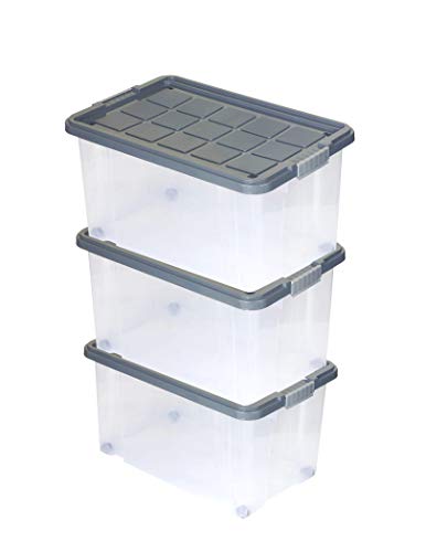 Unimet 3er Set Eurobox mit Deckel und Rollen 60 x 40 x 33 cm stahlgrau Griffe Silber von Unimet