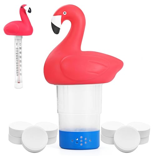 LED Flamingo Schwimmender Pool-Chlorspender, 2-in-1-Kit, zusammenklappbarer Chlorschwimmer extra große Kapazität, passend für 5 x 3 Chlor- und Brom-Tabletten, Spa, Anti-sinkender Chlorspender, von Unipool