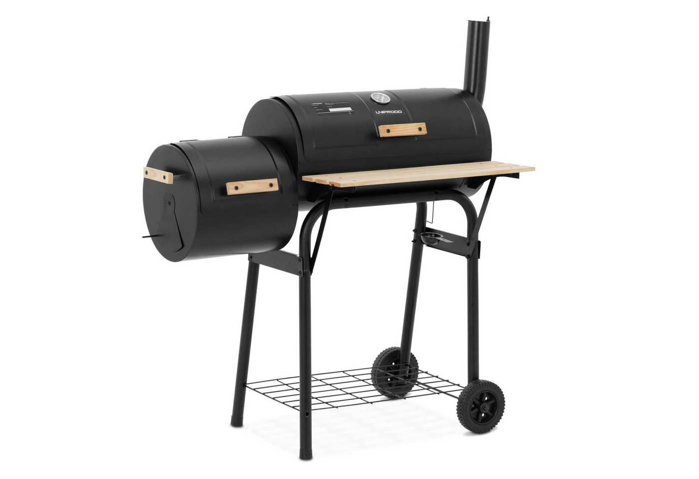 Uniprodo Holzkohlegrill Grill mit Smoker Eisen, Holz 2 Kammern 2 Ablagen Holzkohlegrill von Uniprodo