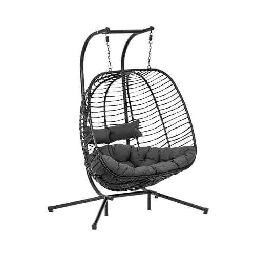 Uniprodo Outdoor-Hängesessel für Zwei Personen mit Gestell Sitz zusammenfaltbar bis zu 200 kg Traglast schwarz/grau Hängesessel für den Garten Outdoor-Hängeei Schwingsessel von Uniprodo