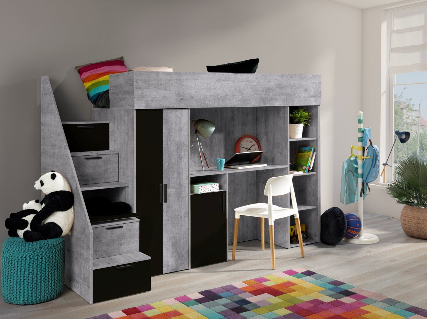 Unique Home Hochbett Kinderbett KON14, mit Schreibtisch, Kleiderschrank und Regale von Unique Home