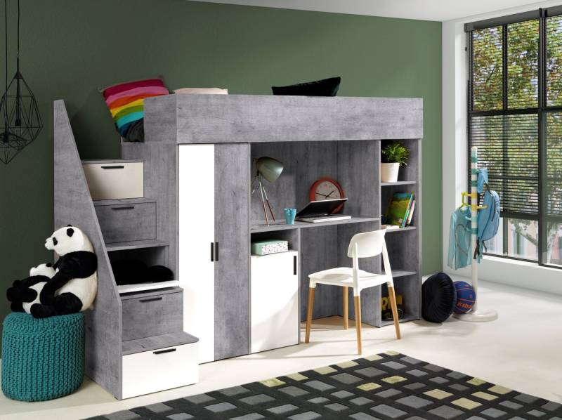 Unique Home Hochbett Kinderbett KON14, mit Schreibtisch, Kleiderschrank und Regale von Unique Home