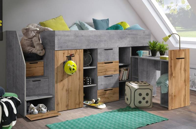 Unique Home Hochbett Kinderbett KON3-L, Hochbett mit Schreibtisch, Schrank und Schubladen von Unique Home