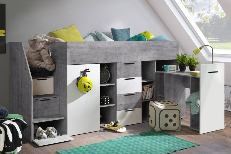 Unique Home Hochbett Kinderbett KON3-L, Hochbett mit Schreibtisch, Schrank und Schubladen von Unique Home