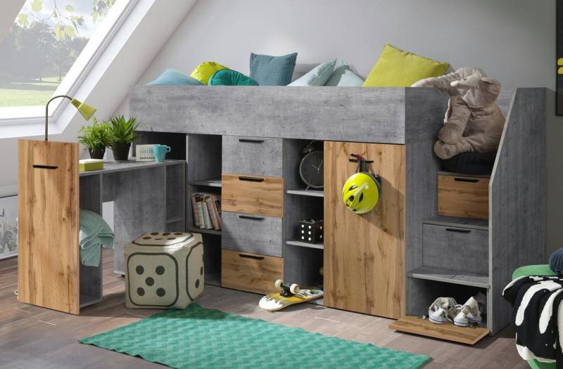 Unique Home Hochbett Kinderbett KON3-P, Hochbett mit Schreibtisch, Schrank und Schubladen von Unique Home