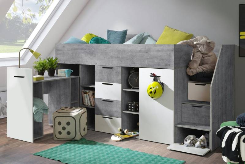 Unique Home Hochbett Kinderbett KON3-P, Hochbett mit Schreibtisch, Schrank und Schubladen von Unique Home