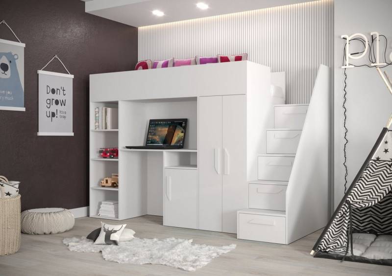 Unique Home Hochbett Kinderbett PAR 14, Inkl. Schreibtisch, Kleiderschrank und Treppe Farbe wählbar von Unique Home