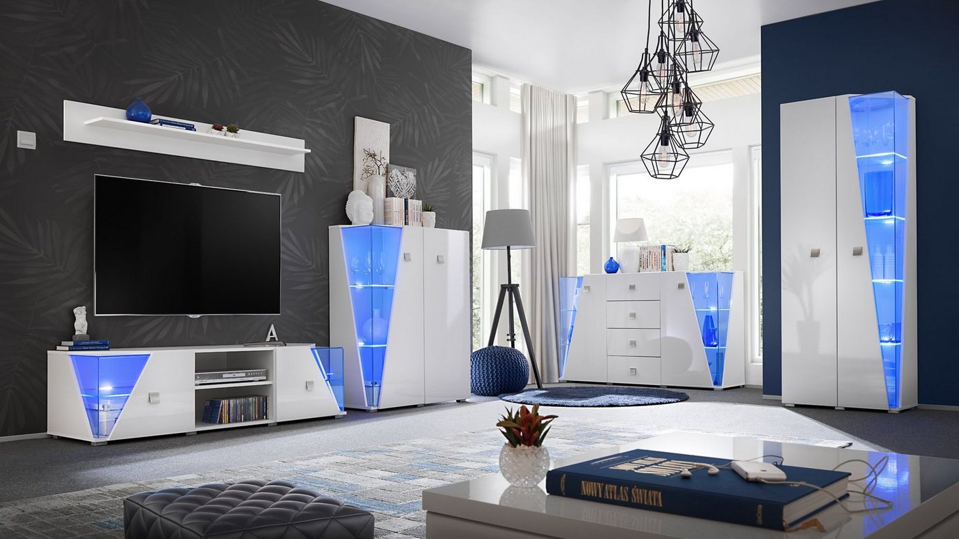 Unique Home Wohnwand Wohnwand ED2, mit Kommode und Vitrine, inkl. LED Beleuchtung von Unique Home