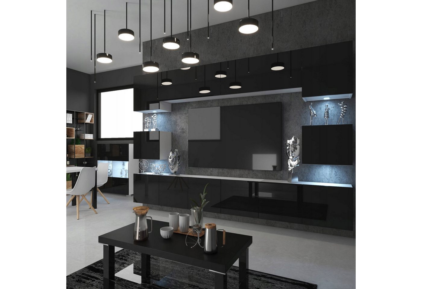 Unique Home Wohnwand Wohnwand UNIQUE 3 Schwarz/Weiß, mit LED Beleuchtung von Unique Home