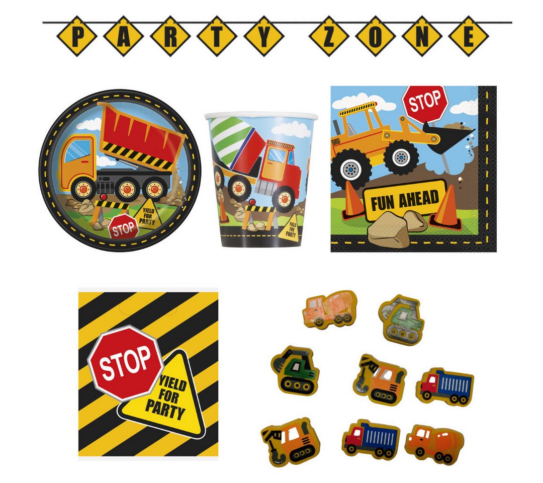 Unique Industries Inc. Kindergeschirr-Set XXL Partyset Baufahrzeuge 49 tlg. (49-tlg), 8 Personen von Unique Industries Inc.