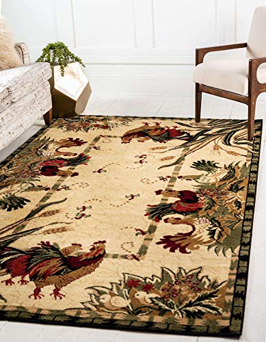 Unique Loom Barnyard Collection French Country Cottage Roosters Ivory Area Rug (10' 0 x 14' 0) von Unique Loom