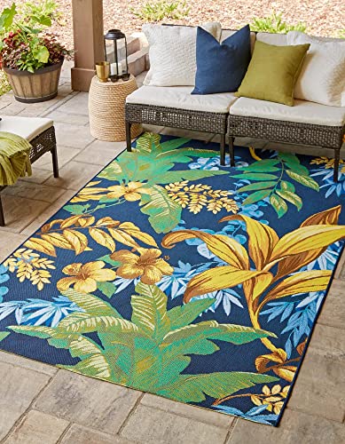 Unique Loom Outdoor Botanical Collection Tropical Floral Blue/Gold Area Rug (5' 3 x 8' 0) von Unique Loom