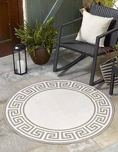 Unique Loom Outdoor Coastal Collection Geometric Border Ivory Round Rug (4' 0 x 4' 0) von Unique Loom