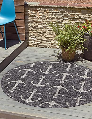 Unique Loom Outdoor Coastal Collection Nautical Anchors Charcoal/Ivory Round Rug (10' 0 x 10' 0) von Unique Loom